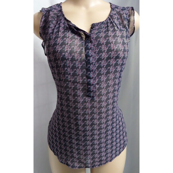 ANN TAYLOR NAVY BLUE GEO PRINT SEMI-SHEER SLEEVELESS BLOUSE SHIRT TOP SZ: MP NWT - Picture 2 of 4